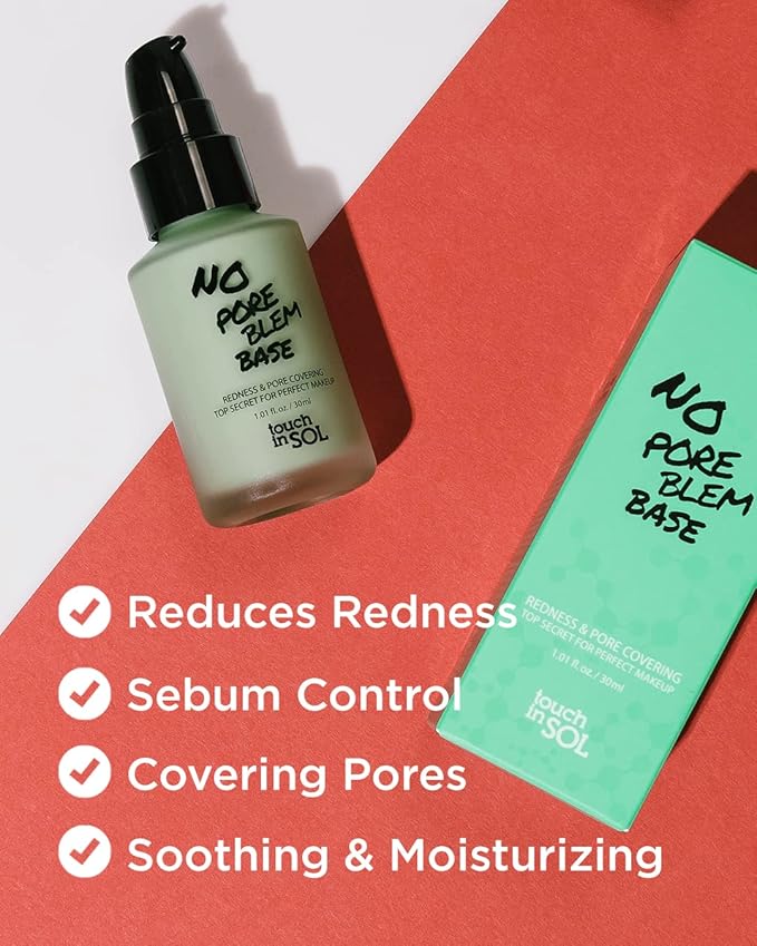 TOUCH IN SOL Redness Correcting Base Primer 1.01 fl.oz. - Pore Minimizing Green Toned Makeup Base - Tone Neutralizing before Foundation - Minimize Rosacea, Redness - No Pore Blem Primer Base-Velvo Beauty