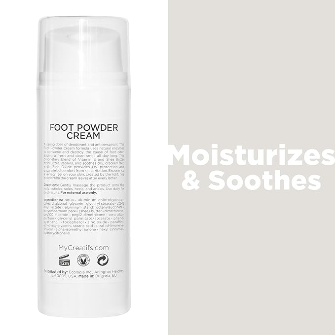 Foot Powder Cream for Dry Cracked Heels, Odor Control, and Intense Skin Hydration, 3.4 fl. oz., with Shea Butter and Vitamin E-Velvo Beauty