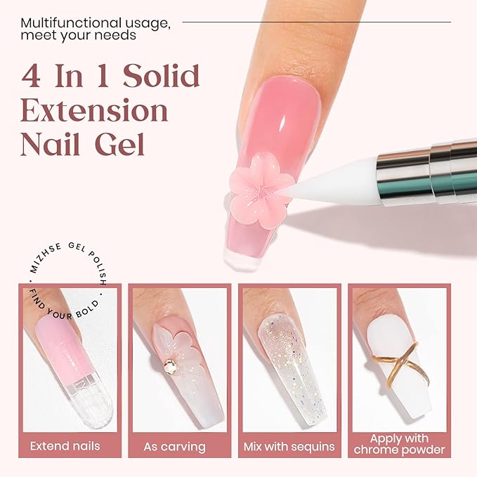 MIZHSE Solid Builder Gel, Nail Sculpture Gel Non-Sticky 4 Colors Nude Clear White Pink Hard Builder Nails UV LED Nail Extension for Salon Manicure Home DIY-Velvo Beauty