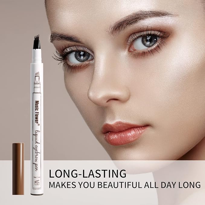 Music Flower Eyebrow Pen, Liquid Eyebrow Pen, Waterproof Brow Pencil with Micro-Fork Tip, Smudgeproof Long Lasting Fine Sketch Microblading Pen, Reddish Brown-Velvo Beauty