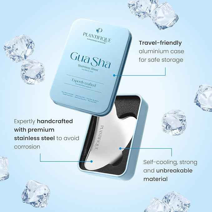 PLANTIFIQUE Stainless Steel Gua Sha | Facial Tool | Skin Massage for Face Body Eyes Neck Heart Style with Travel Pouch | Skin Care Gift-Velvo Beauty