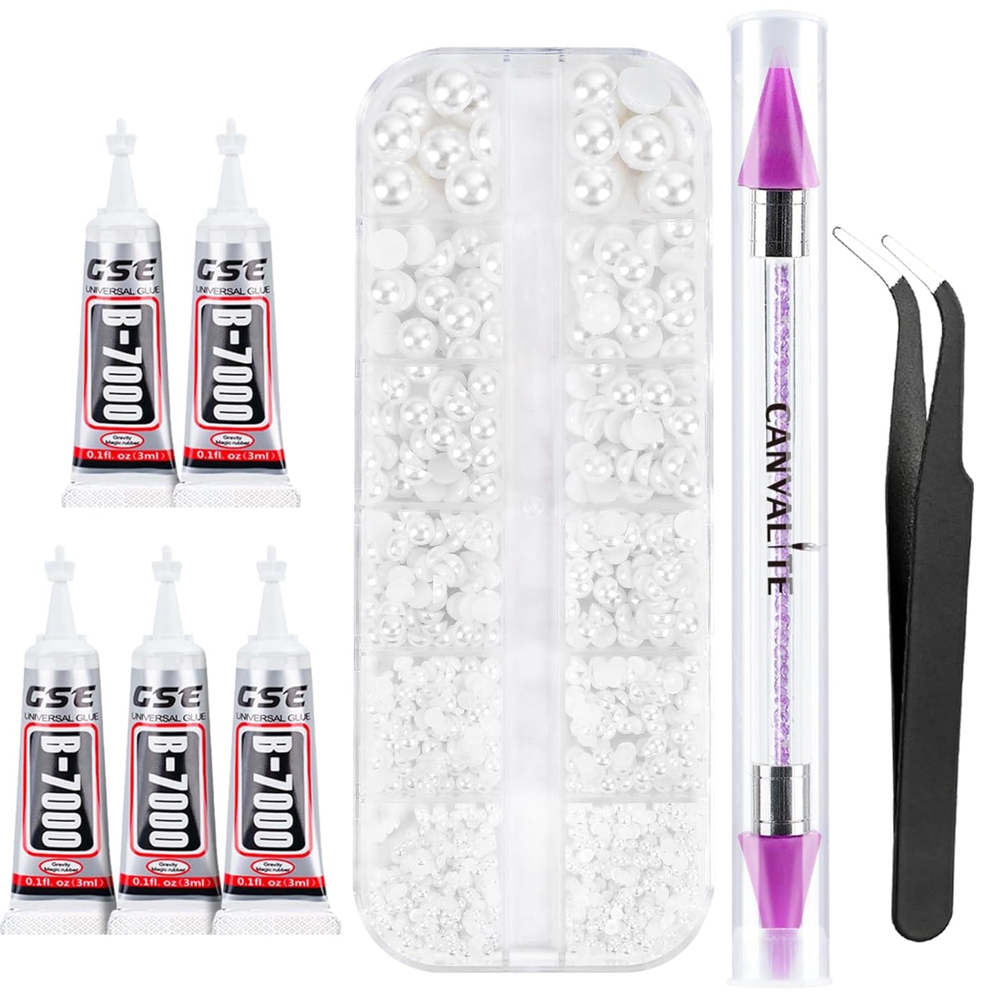 Canvalite Flatback Nail Pearls for Crafting, Multiple Sizes Half Pearls with 5Pcs B7000 Jewelry Glues & Picker Tools Bedazzling Bead for DIY Crafts Clothing Tumblers Shoes Decors Nail Art-Velvo Beauty