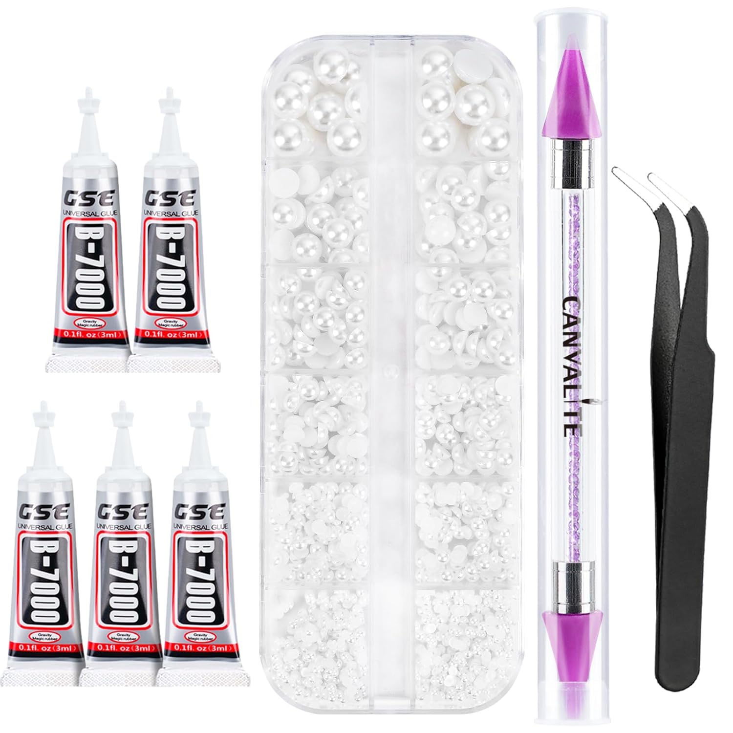 Canvalite Flatback Nail Pearls for Crafting, Multiple Sizes Half Pearls with 5Pcs B7000 Jewelry Glues & Picker Tools Bedazzling Bead for DIY Crafts Clothing Tumblers Shoes Decors Nail Art-Velvo Beauty