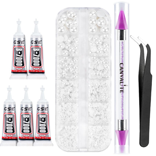 Canvalite Flatback Nail Pearls for Crafting, Multiple Sizes Half Pearls with 5Pcs B7000 Jewelry Glues & Picker Tools Bedazzling Bead for DIY Crafts Clothing Tumblers Shoes Decors Nail Art-Velvo Beauty