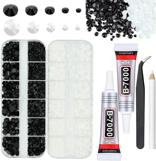 Black And White Rhinestones for Bedazzling With B7000 Glue, 2mm 3mm 4mm 5mm 6mm (SS8-SS30) Non-Hotfix Flatback Nail Gems Beads, Nail Crystals Diamond Kit for Bedazzle Crafting, Nails DIY Art-Velvo Beauty