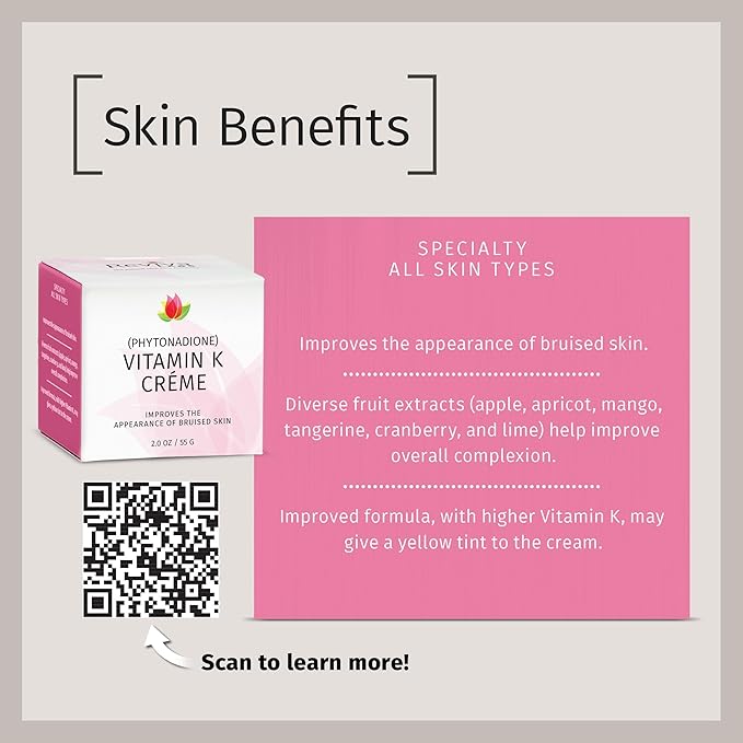 Reviva Labs Vitamin K Crème for Bruising, Under-Eye Dark Circles, and Wrinkles with Soybean Oil and Natural Fruit Extracts - 2 Oz, for Skin and Face-Velvo Beauty