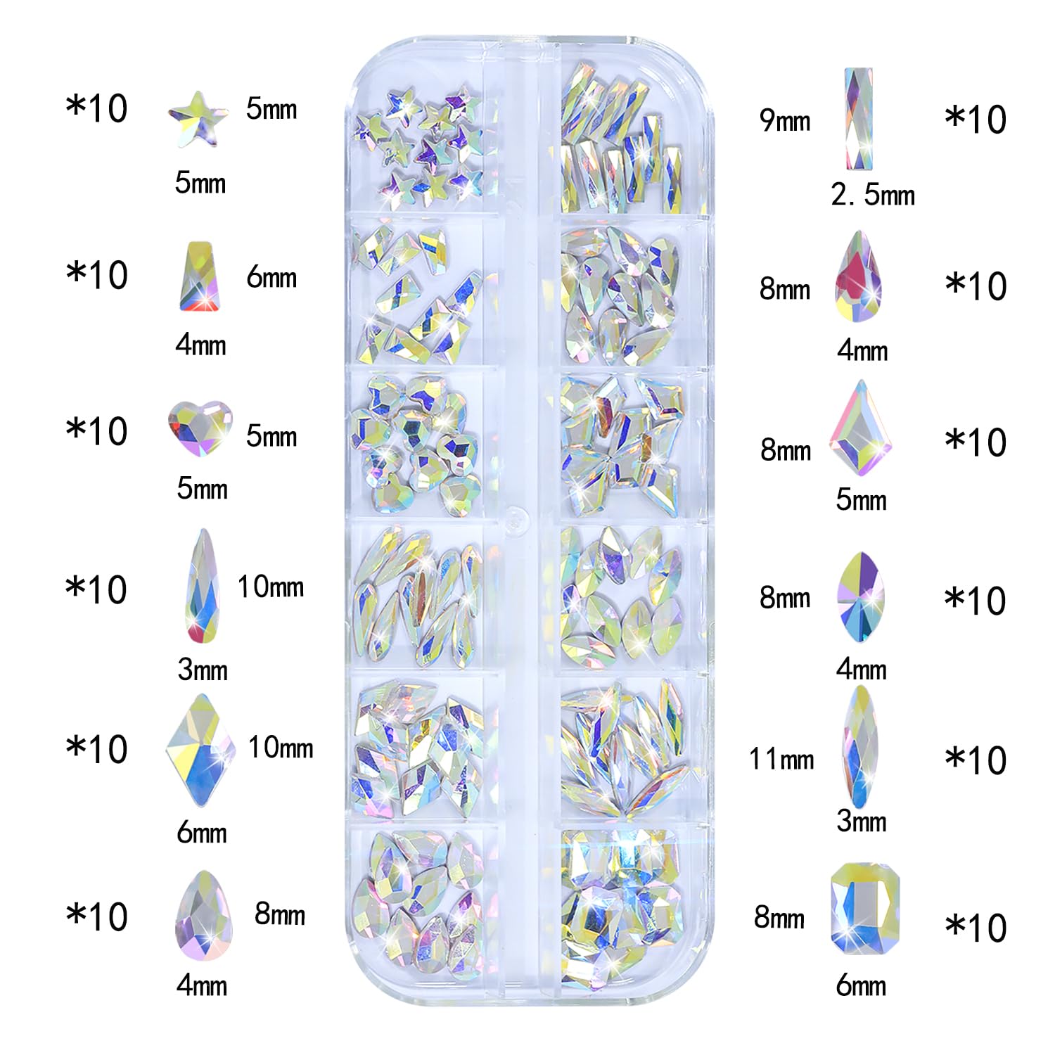 HNUIX Nail Rhinestones - 3D Multi Shape Size, AB Crystal Nail Gems and Charms, Flat Back, with Kit, for Nail Art, DIY Decorations-Velvo Beauty