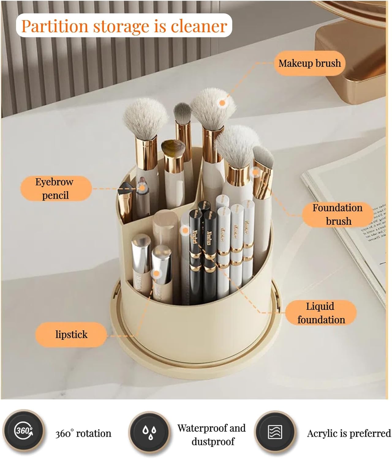 B-H1 Makeup Brush Holder with Dustproof Cover 360 Rotating Makeup Brushes Organizer for Vanity Desktop Bathroom (Gray)-Velvo Beauty