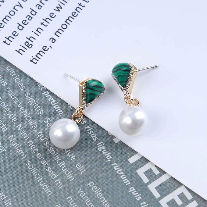Vintage Cz Emerald Pearl Earrings Gold Pearl Drop Earrings Triangle Emerald Earrings Geometric Emerald Stud Earrings Jewelry for Women and Girls-Velvo Beauty