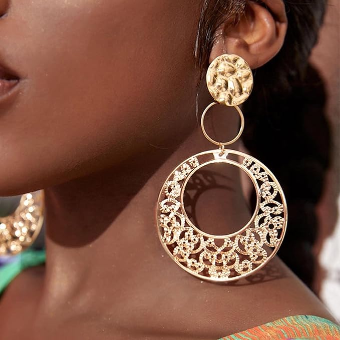 Boho Large Filigree Disc Dangle Earrings Stud Vintage Tribal Ethnic Hollow Carved Earrings Gold Geometric Floral Hoop Drop Earrings Statement Wedding Prom Earrings Jewelry for Women Girls-Velvo Beauty