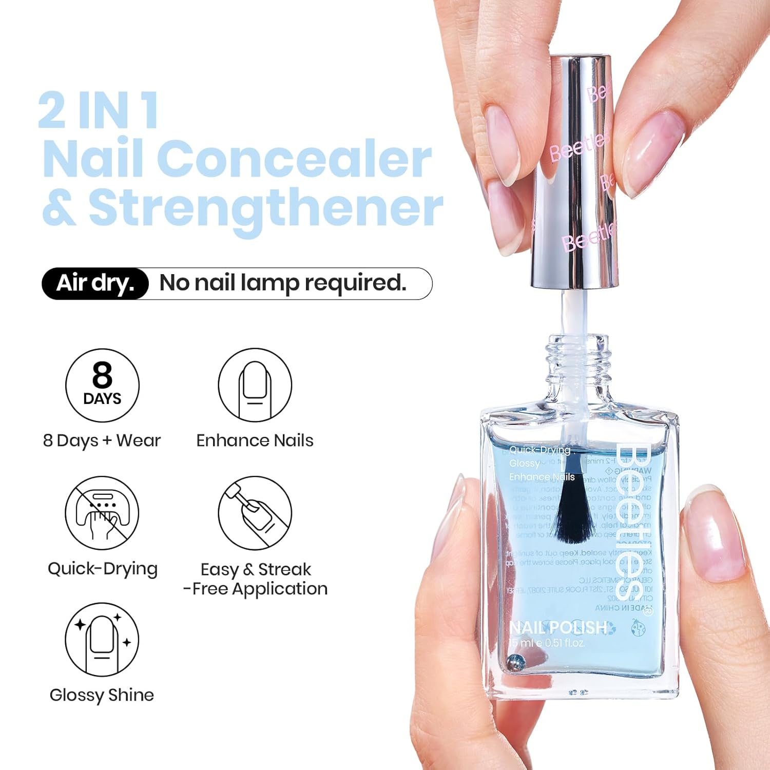 Beetles Nail Strengthener - Oceanic Blue Nail Concealer Air Dry Natural Nail Strengthener and Growth for Damaged Thin Nails Repair Weak Nails Fingernail Strengthening Women Gift 0.51 FL OZ-Velvo Beauty