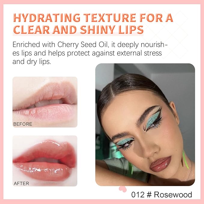 Hydrating Lip Glow Oil, Plumping Watery Lip Gloss, Refreshing Moisturizing Lip Oil Tinted Lip Balm, Lasting Nourishing Revitalizing Lip Tint Lip Care (12# Rosewood)-Velvo Beauty