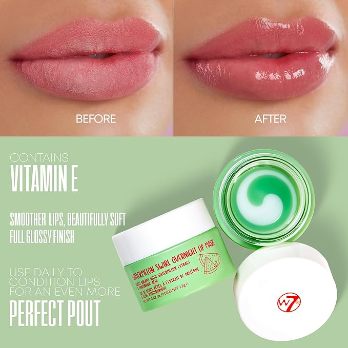 W7 Sweet Dreams Overnight Watermelon Swirl Lip Mask - Watermelon Fruit Extract & Hyaluronic Acid - For Hydrated, Full Looking & Irresistible Lips-Velvo Beauty
