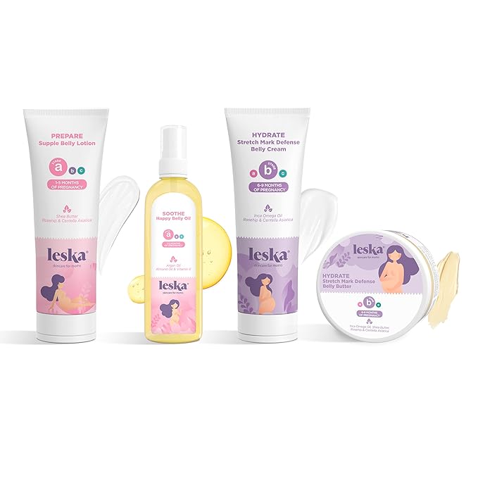 Leska Pregnancy Stages A & B Set | Belly Lotion, Belly Oil, Stretch Mark Defense Cream & Belly Butter | Pregnant Mom Months 1-9 | Part of Complete 3-Part Pregnancy Skincare System (Set of 4, 4-4.93oz)-Velvo Beauty