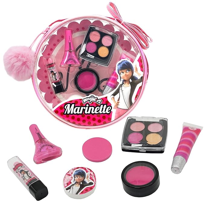 Miraculous Ladybug Kids Makeup Set - 10 Piece Bag with Nail Polish, Hair Chalk, Stickers & More - Safe, Non-Toxic Pretend Play Cosmetics - Marinette Themed Makeup Kit for Children-Velvo Beauty