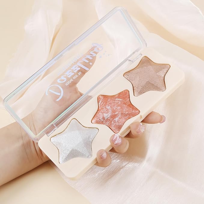 Boobeen 3 Colors Baked Shimmer Highlight & Blush Palette, Powder Palette Facial Bronzers Illuminator Makeup Palette, Lightweight Highlighter Blusher Contour for Cheeks, Lasting Natural Glowing-Velvo Beauty