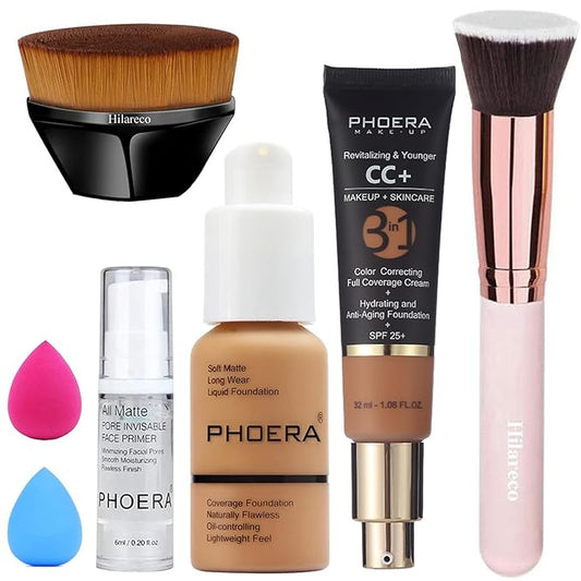 PHOERA Foundation,PHOERA CC+ Cream Color Correcting Anti Aging Hydrating Serum &SPF 25+,PHOERA Primer, PHOERA Makeup, Kabuki Makeup Brushes Foundation Brush (106 Warm Sun+180 Tan CC Cream)-Velvo Beauty