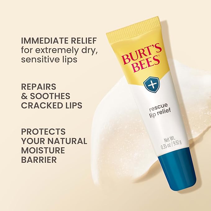Burt's Bees Rescue Lip Relief Lip Balm, With Shea Butter and Echinacea, Tint-Free, Natural Origin Lip Care, 3 Tubes, 0.35 oz.-Velvo Beauty