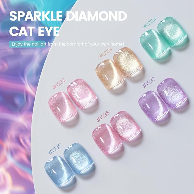 RARJSM Glass Jelly Cat Eye Gel Nail Polish Set 6pcs Reflective Sparkly Diamond Glitter Nude Pink Lake Blue Green Purple Clear Cateye Gelpolish with Magnet Stick 7.5ml Curing Requires for Home Salon-Velvo Beauty
