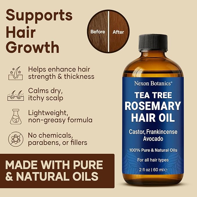 Tea Tree Rosemary Oil for Hair Growth 2 fl oz - Scalp Treatment with Castor, Frankincense & Avocado Oils - For Dry, Damaged Hair - Nexon Botanics-Velvo Beauty