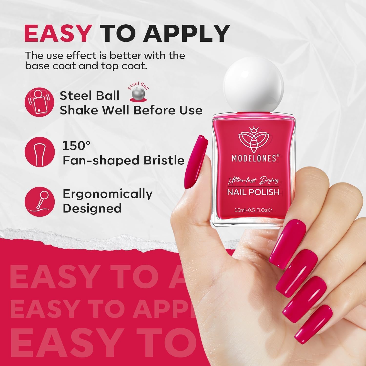 modelones Hot Pink Nail Polish, Magenta Pink 15 ml Quick Dry Nail Lacquer Strengthener Long Last Shine Fingernail Toe Nail Art DIY Home Travel Manicure Gift for Women Girls 0.5 Fl Oz-Velvo Beauty