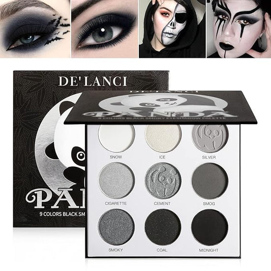 ecofavor Black Smoky Eye shadow Palette, DE’LANCI PANDA 9 Colors True Black Dark Grey Smokey Goth Makeup Pallet, 9 Soft Matte Shimmer High Pigmented Basic Black White Gray Shade for Halloween-Velvo Beauty