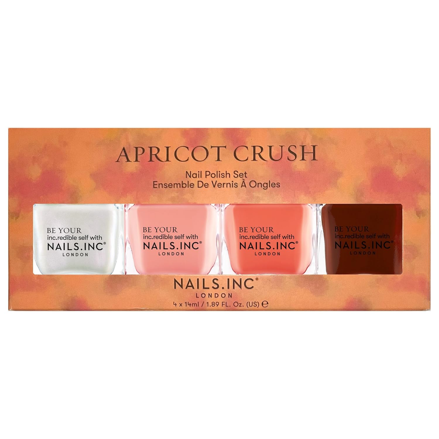 Nails Inc Apricot Crush 4-Piece Nail Polish Set – Longwear Glossy Nail Lacquer in Earthy Desert Tones – Includes Pearl, Peach, Orange & Dark Brown Shades – Chip-Resistant, Salon-Quality Formula-Velvo Beauty