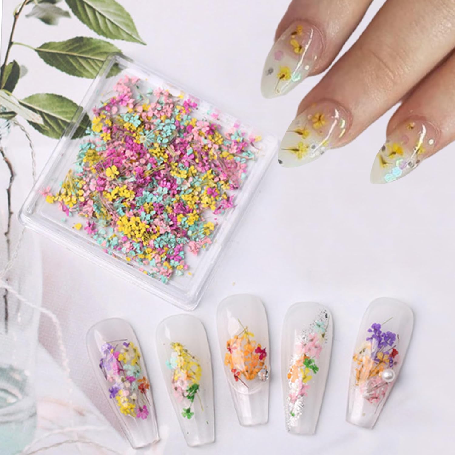1 Box of Dried Flower Nail Stickers, Colored Dried Flower Nail Stickers, mini Real Flowers, Natural Flowers, 3D Baby's Breath Floral Art, Ladies and Girls DIY Nail Art Decoration-Velvo Beauty