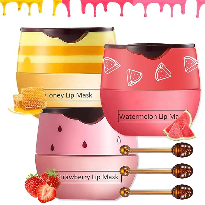 3 PCS Bee Lip Balm Lip Mask Honey Pot,Honey & Strawberry & Watermelon Lip Sleeping Mask,Moisturizing Lip Mask Overnight Prevention Dry and Cracked Lip Scrubs Exfoliator Lip Care-Velvo Beauty