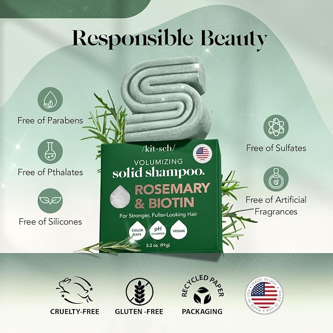 Kitsch Rosemary & Biotin Shampoo Bar - For Hair Growth, Strengthening, Thickening & Volumizing Shampoo for Women and Men - Free of Parabens, Sulfates & Silicones - Made in USA - 3.2 oz-Velvo Beauty