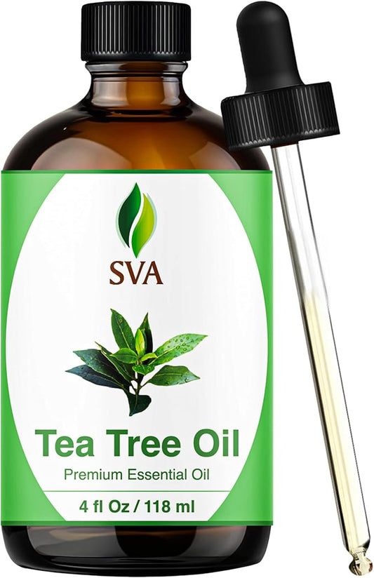 SVA Tea Tree Essential Oil – 4 Fl Oz – 100% Natural Tea Tree Oil - for Diffuser, Hair Care, Face, Skin Care, Aromatherapy, Scalp and Body Massage, Soap and Candle Making – with Dropper-Velvo Beauty