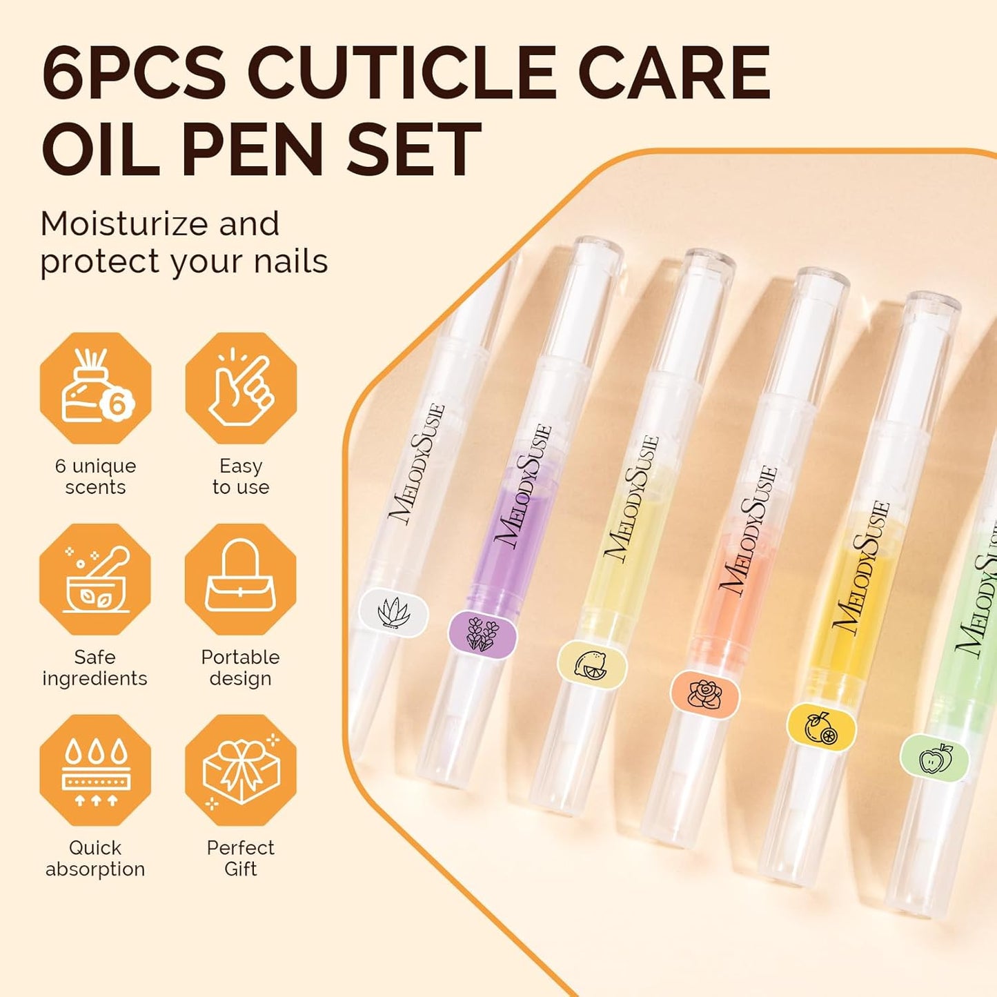 MelodySusie 6Pcs Cuticle Oil Pen Set,Nail Moisturizing Cuticle Oil Enriched with Vitamin E,Softens and Repairs Cuticles,Nail Strengthener,Protects Damaged Skin,Thin Nails,for Home and Salon Use-Velvo Beauty