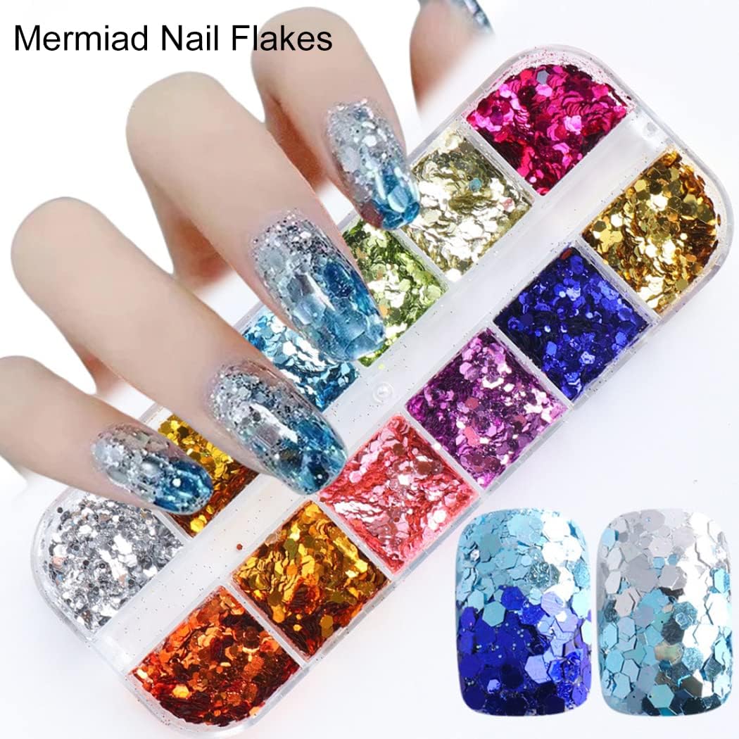 2 Boxes 24 Colors Chameleon Holographic Glitter Mermaid Nail Art Sequins 3D Flakes Laser Gradient Nail Glitter Design Shiny Glitters Powder Accessories for Women Manicure DIY Decorations-Velvo Beauty