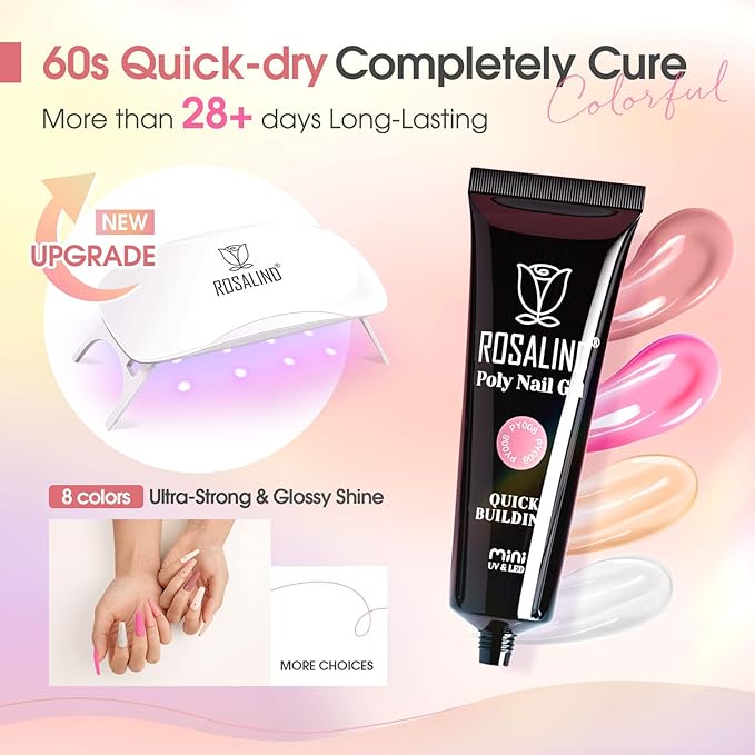 ROSALIND 8PCS Poly Nail Gel Kit with Mini Nail Lamp Clear Nude Purple Brown Poly Extension Gel Kit Mini Starter Kit-Velvo Beauty