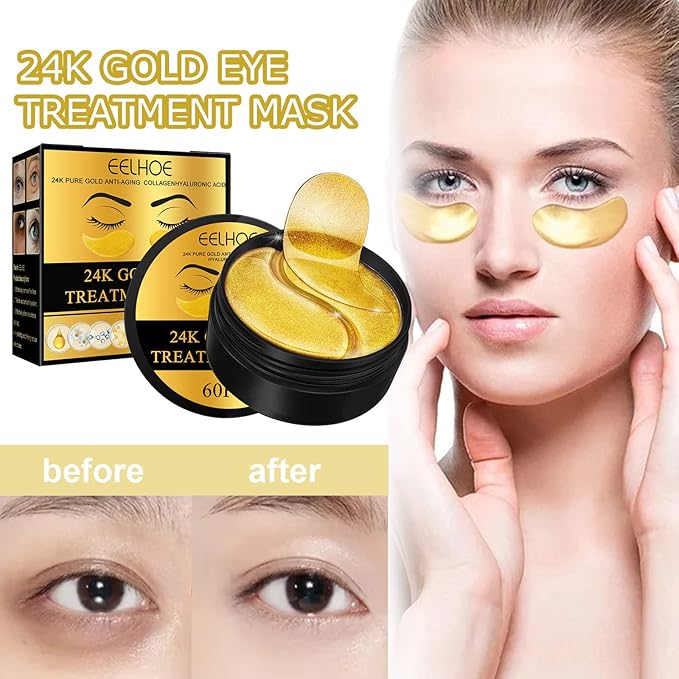 24k Gold Under Eye Patches, 60 Pcs Eye Gels, Anti-Aging Collagen Hyaluronic Acid Under Eye Mask, Under Eye Mask for Dark Circles and Puffiness, Eye Bags, Wrinkles-Velvo Beauty