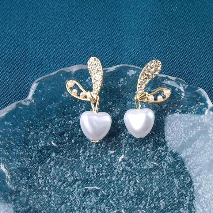 Vintage Crystal Pearl Heart Dangle Earrings Rhinestone Pearl Drop Earrings Gold Cz Pearl Stud Earrings Heart Love Earrings Jewelry for Women-Velvo Beauty