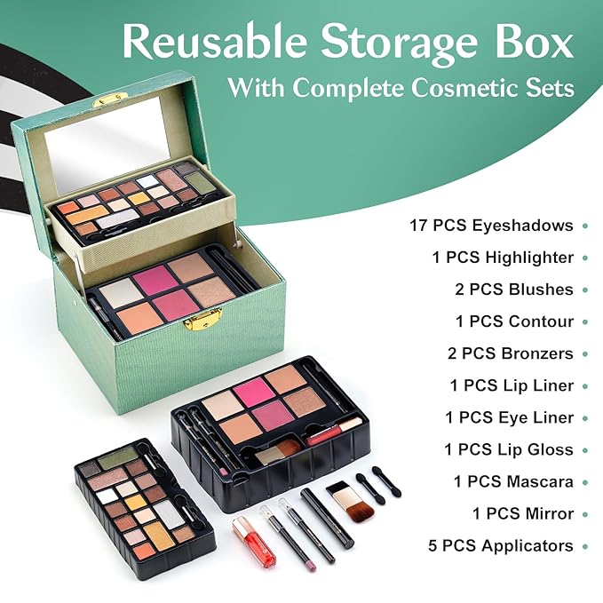 Color Nymph Beginner Makeup Kit For Teens, Girls Makeup kits With Recyclable And Key-Lockable Cabinet Included 17-Colors Eyeshadows Blushes Bronzer Highlighter Lipstick Brushes Mirror(Green)-Velvo Beauty