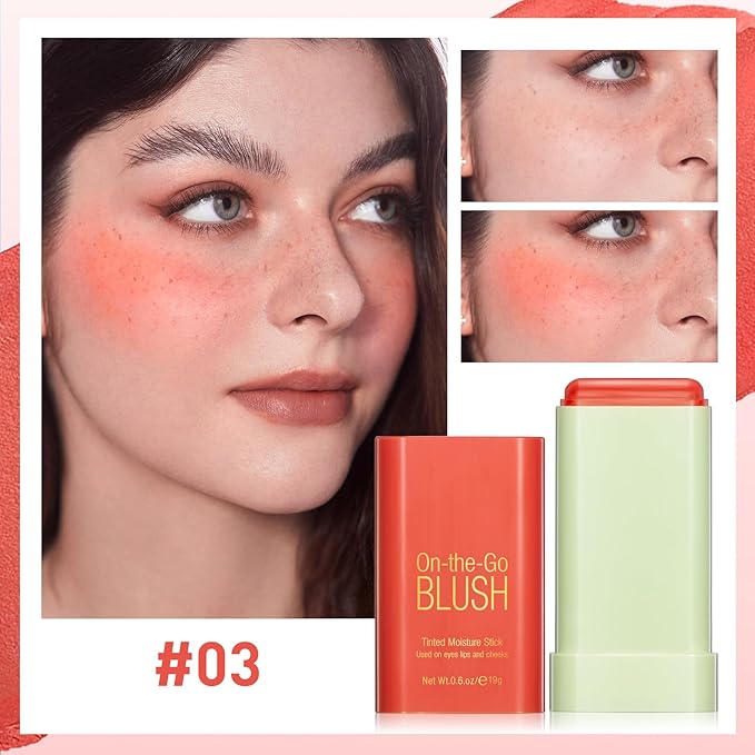 Blush Stick for Cheeks - Cream Makeup Blush Wand, Solid Moisturizer Stick for Cheeks Tint, Natural Blendable Waterproof Korean Matte Long-Lasting Smooth Blushes (#03 Coral Orange)-Velvo Beauty