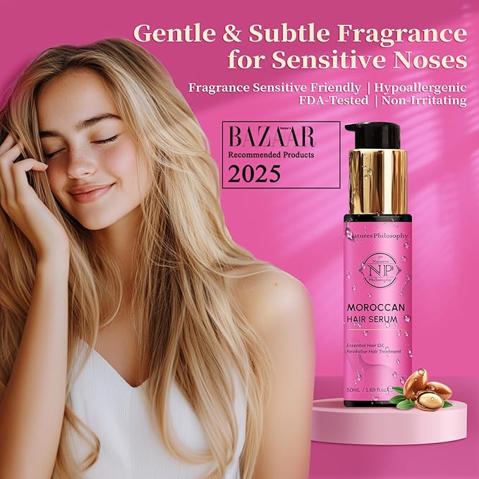 NP NATURES PHILOSOPHY Moroccan Argan Oil - Hair Serum Organic, Anti-Frizz, Repairs Damaged Hair, Adds Shine for All Hair Types Aussie Allergy-Free Moroccan Oil Hair Products 1.69 Fl oz-Velvo Beauty