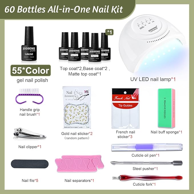 JODSONE 60 PCS Gel Nail Polish Kit with U V Light 55 Colors No Wipe Beautiful Colors Nail Gel Polish Base Top Coat Manicure Gifts for Salon and at Home-Velvo Beauty