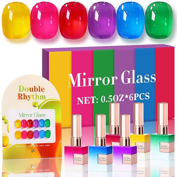 Double Rhythm 6 Pcs 15 ML Gel Polish Set Same Color Same Bottle Soak Off Gel Polish Kit Nail Art Manicure Salon DIY at Home for Women (Jelly Yellow Pink Red Purple Blue-T6-25)-Velvo Beauty