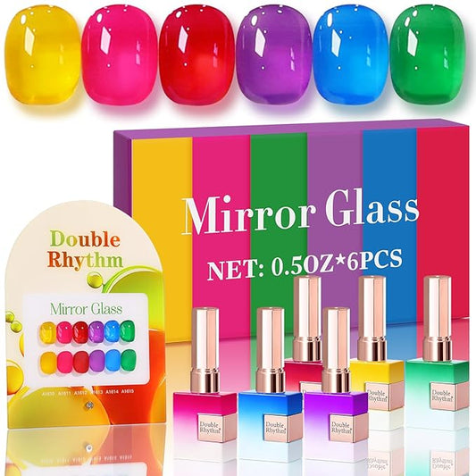 Double Rhythm 6 Pcs 15 ML Gel Polish Set Same Color Same Bottle Soak Off Gel Polish Kit Nail Art Manicure Salon DIY at Home for Women (Jelly Yellow Pink Red Purple Blue-T6-25)-Velvo Beauty