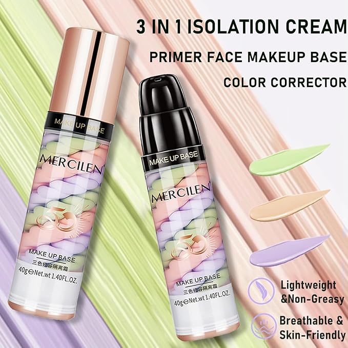 Primer Face Makeup Base, 3 In 1 Isolation Cream Color Corrector, Makeup Primer Skin Tone Correcting and Brightening Primer, Oil Control Moisturizing Face Primer to Hide Wrinkles and Fine Lines-Velvo Beauty