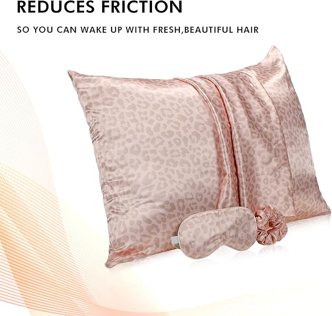 2 Pack Satin Pillowcase with Latent Zipper, Adjustable Satin Eye Mask for Sleeping and Satin Volume Scrunchie for Hair and Skin, Standard Size (Pink, Leopard Style)-Velvo Beauty