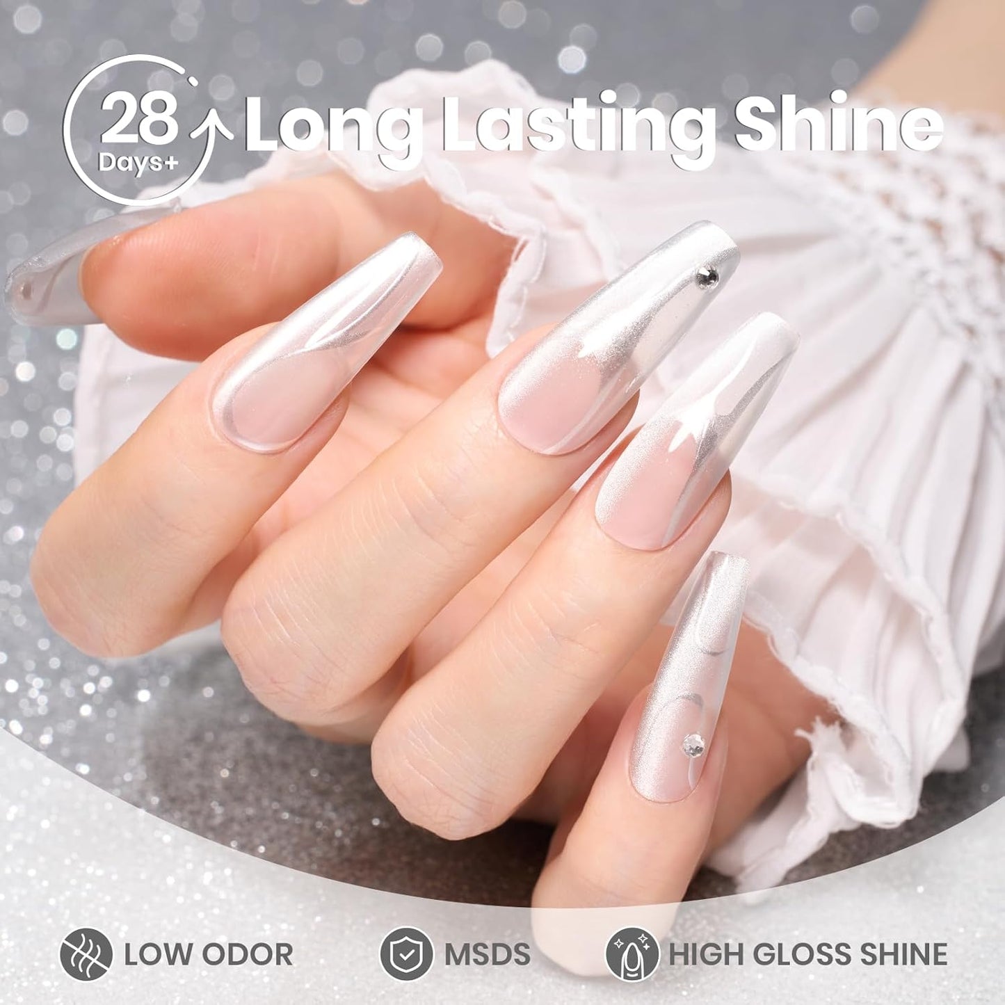 Beetles Silver Cat Eye Gel Polish, 15ML Silver Glass Cat Eye Glitter Gel Polish with Magnet Shimmer Translucent Sheer Color Soak Off UV Lunar Gleam Series French Nail Art Gift for Women-Velvo Beauty