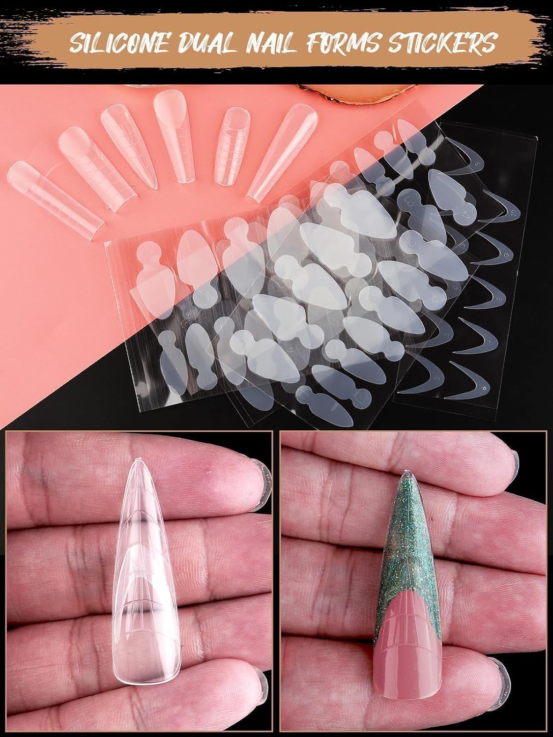 EBANKU 288PCS Poly Extension Gel Dual Nail Forms, Stiletto Coffin Acrylic Nail Forms for French Nails, 76PCS Duet System Dual Forms Sticker Silicone Pads, 6 Styles Scale for Manicure Extension-Velvo Beauty