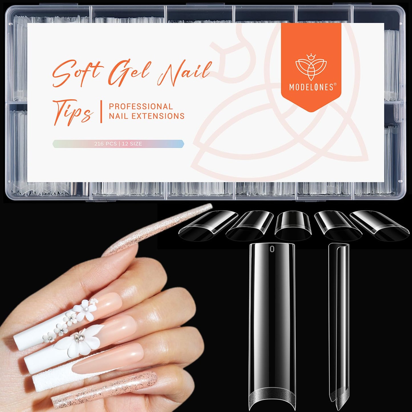 modelones Long Square Nail Tips, 2XXL Straight No C Curve Half Cover Soft Gel Tips Pre-shaped Acrylic Fake Nails False Clear Press on Extension Gel Kit Manicure DIY at Home 216PCS 12Sizes-Velvo Beauty