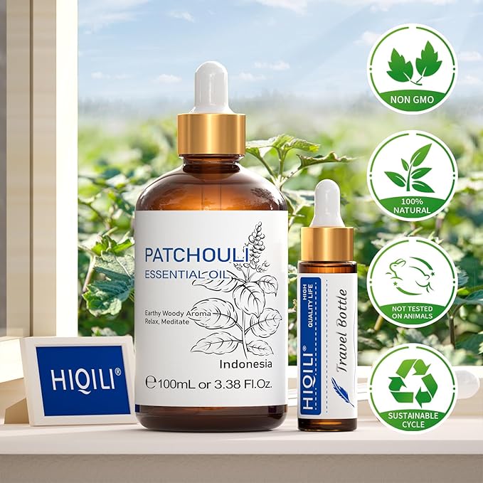 HIQILI Patchouli Essential Oil,100% Pure & Natural for Homemade Perfume, Sooth Skin, Nourish Hair at Home with Diffuser, Gift for Hippie Friend -100ML-Velvo Beauty