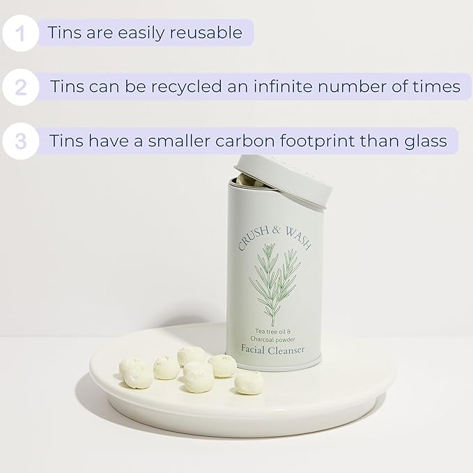 3-in-1 Solid Facial Cleanser, Exfoliator, and Wash-off Mask - Vegan, Cruelty-Free, Plastic-Free, Travel-Friendly, 1 Month Supply (60 Crushable Tablets) in Tin (Brightening Beans in Tin)-Velvo Beauty