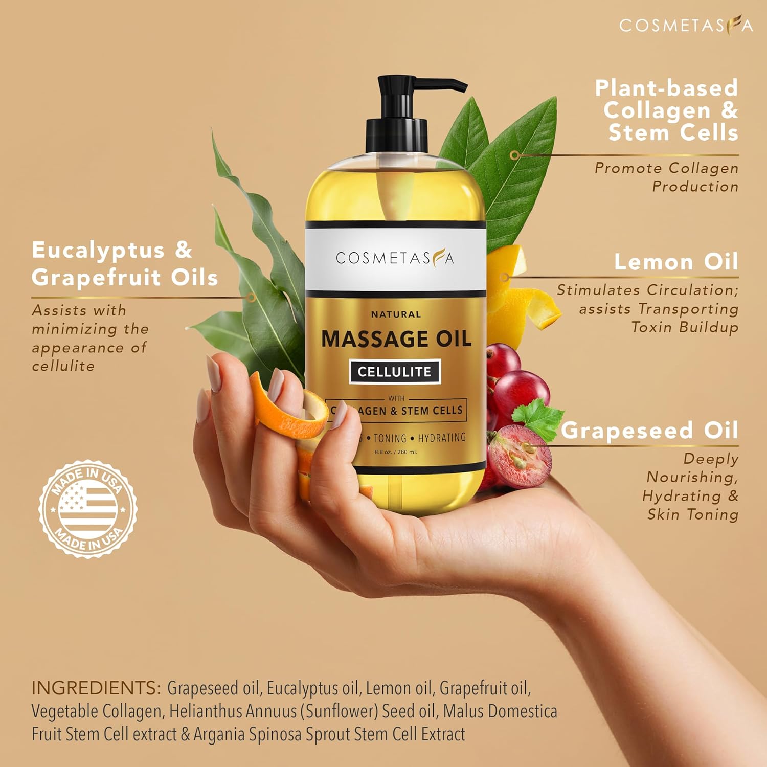 Cellulite Massage Oil with Collagen & Stem Cells- 100% Natural Anti Cellulite Oil, Assists with Firming, Toning & Moisturizes Skin 8.8 oz. by Cosmetasa-Velvo Beauty